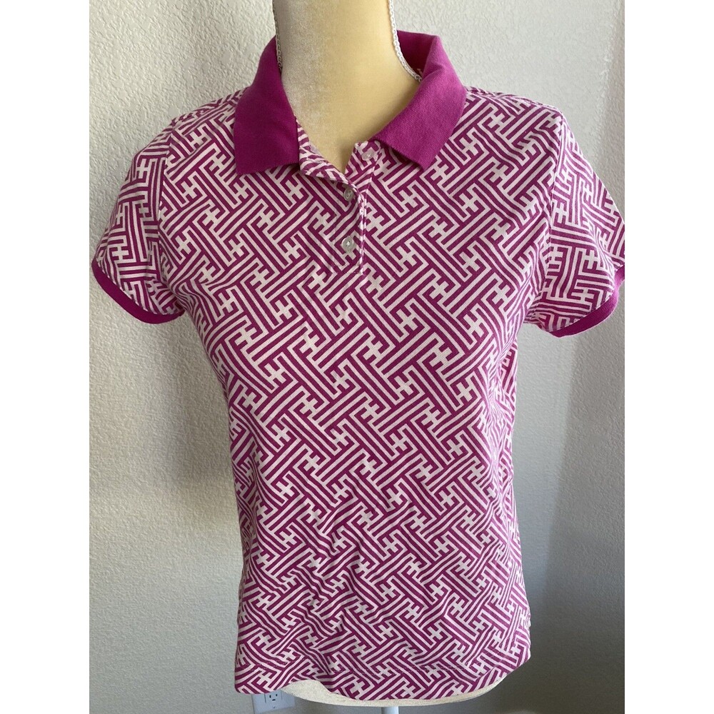 Talbots Womens Polo Shirt Off White And Pink Fuchsia Geometric SZ S Petites